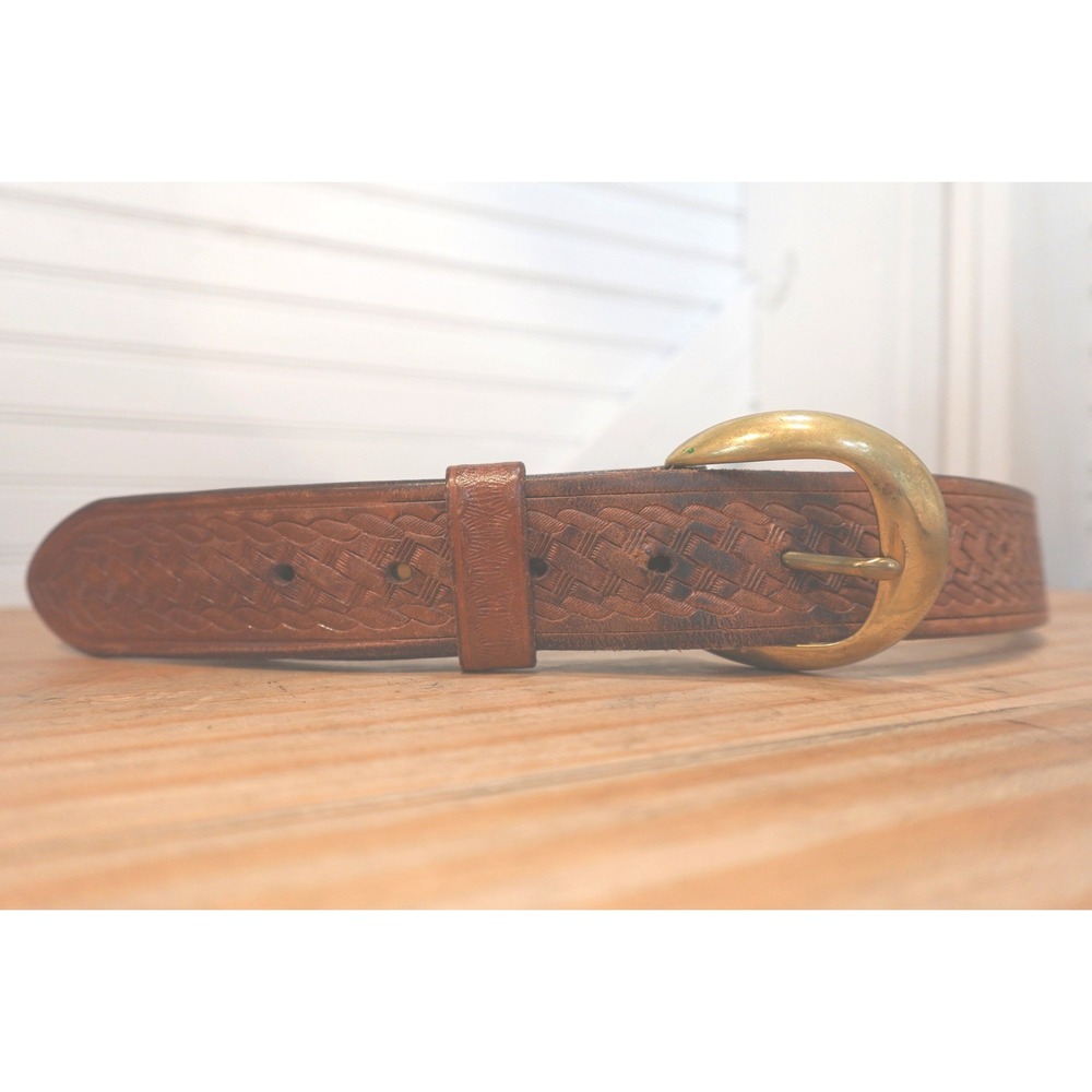 Vintage Triple K Belt Size 42 Brass Buckle Preloved Basketweave Brown Leather‎